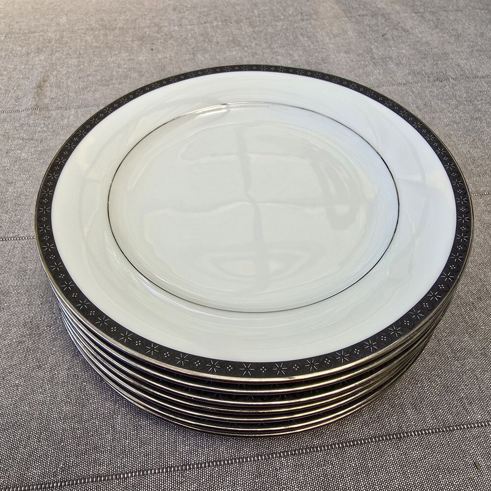 Noritake Peking 2229 White Geometric Black Trim Band Salad Plate Set Of 7